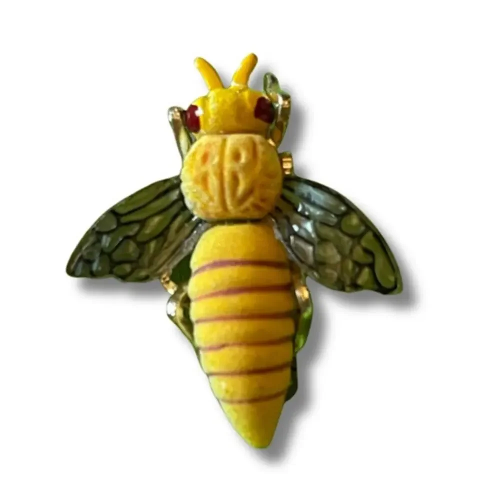 Vintage Carved Enameled Bee Brooch Signed Korea Yellow Honeybee Pin Cottagecore
